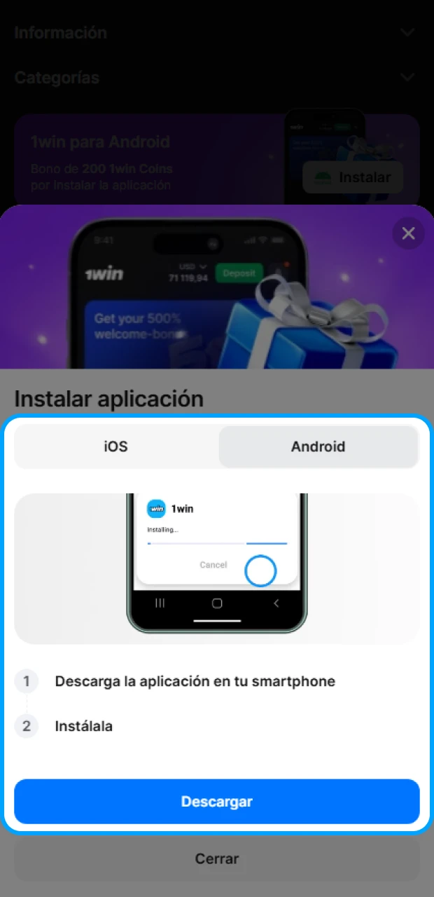 Haga clic en Descargar y espere a que se instale la aplicación 1Win.